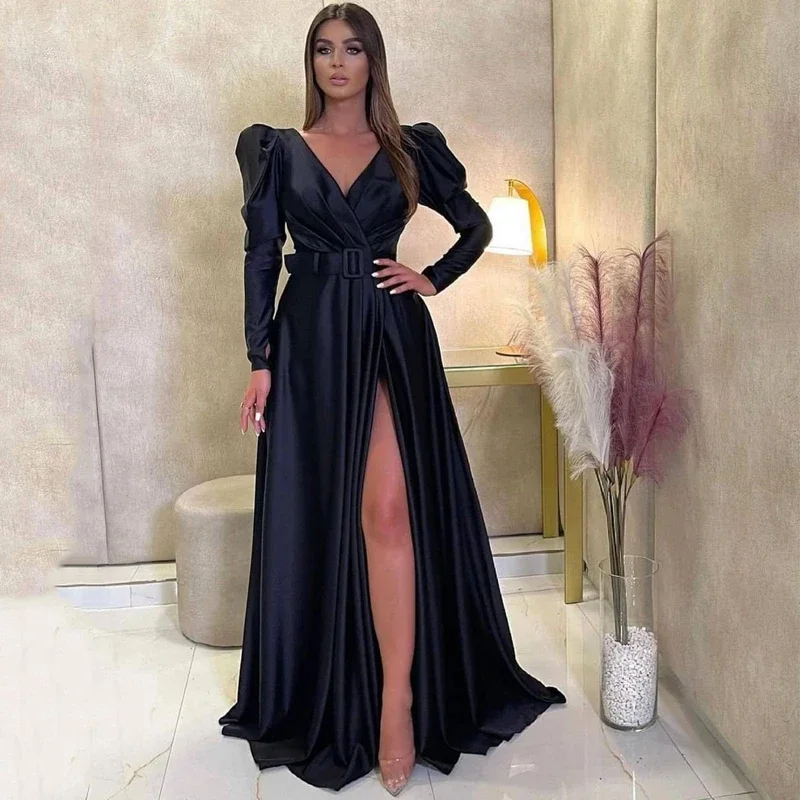 

Elegant Black Long Formal Prom Dresses Long Sleeves V-neck Side Slit Satin Sexy Evening Party Gowns Saudi Arabia فساتين السهرة