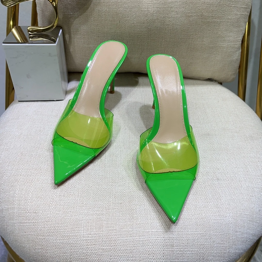 Fashionable and minimalist transparent high heel slippers with thin heels and pointed toes, and open toe sandals