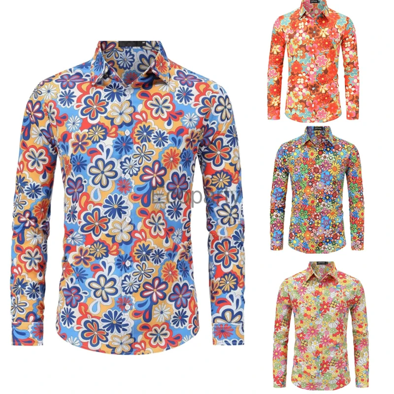 New Men's Vintage 80s Hip Hop Costume Retro Printed Long Sleeve Shirts Halloween Purim Carnival Disco Party Costume Tops