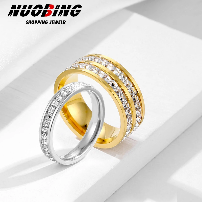 

4/8mm Luxury Gold Double Row Square Zircon Stainless Steel Ring for Women's Romantic Engagement Wedding Party Custom Jewelry