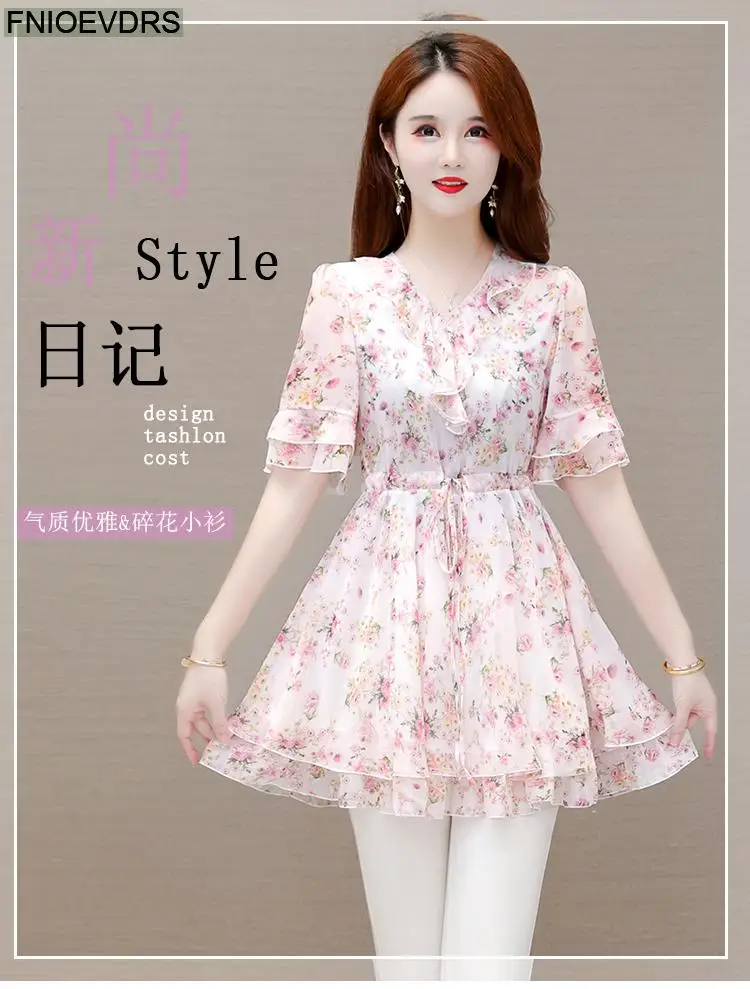 M-5XL 2023 Clothes Clothes Women European Style Elegant Basic Shirt Floral Print Retro Ruffles Belly Tunic Peplum Top Blouses