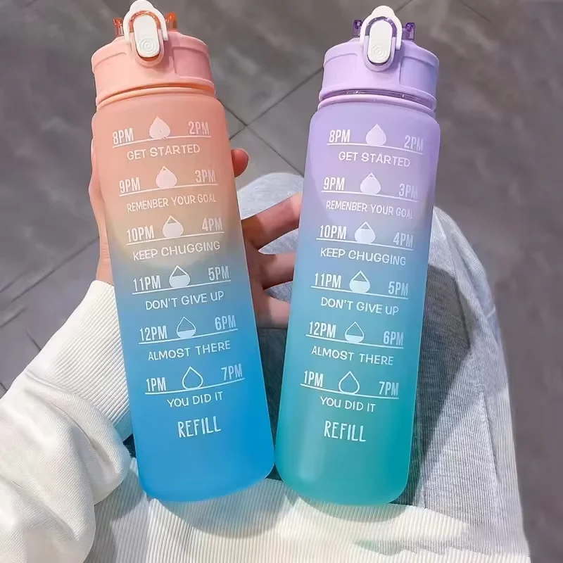 700ml Sports water Bottle High Temperature Resistant Graduated Straw Cup Rainbow Frosted Progressive Color Water Cup Plastic Cup