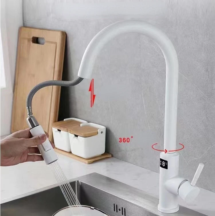 White Smart Touch Digital Display Faucet Stainless Steel Multi-function Pull-out Kitchen Sink Hot and Cold