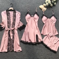 4PCS Sleepwear Pajamas Set Silk Women Nightdress Lace Dress Robe Sleep Nightwear Silk Solid Color Pijama Sets - Image 4