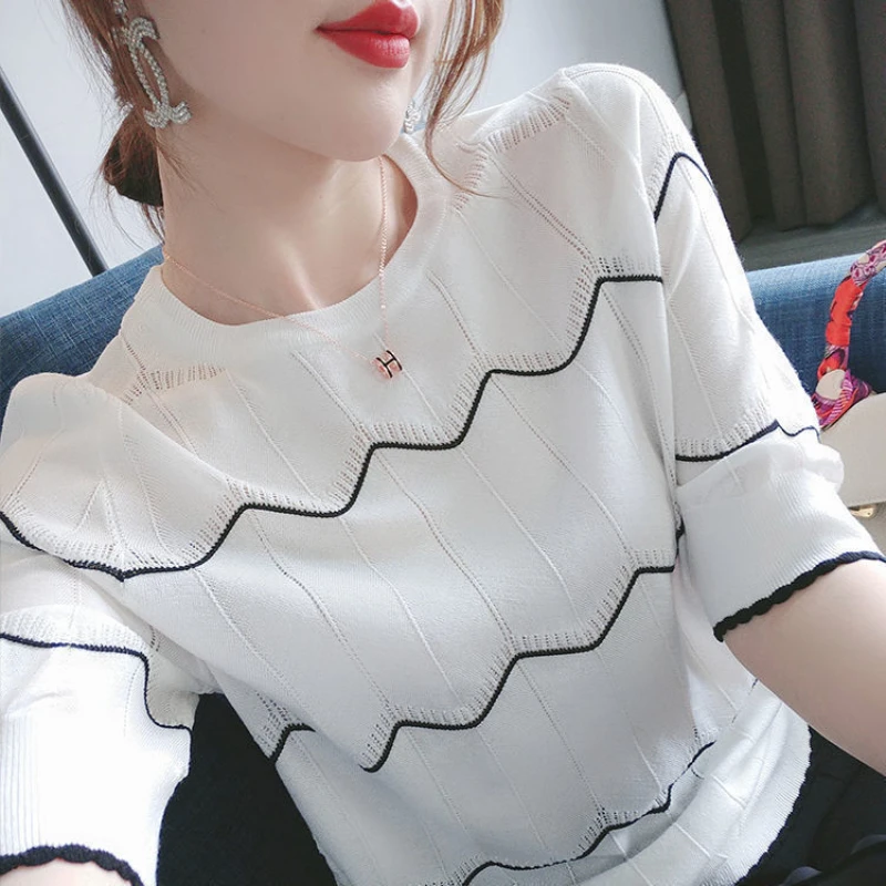 

Ice Silk Summer Women's New Short-Sleeve Korean Versatile Stripe Printed Shirt Solid Color Round Neck Panel Hollow Leisure 2023