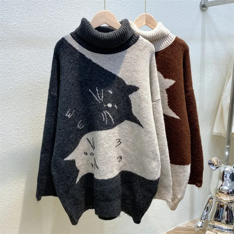 

DAYIFUN Women's Oversized Sweaters Autumn Winter Turtleneck Cute Cat Print Knitted Pullovers Warm Tops Female Kawaii Jumpers