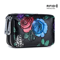 Luxurious Women's Genuine Leather RFID Wallet Handbag with Rose Flower Design (Golden rose)