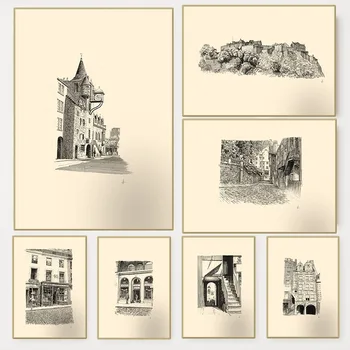 Poster Vintage del Castello di Edimburgo con Disegno a Inchiostro, Arte Architettonica Scozzese su Tela per Soggiorno e Casa