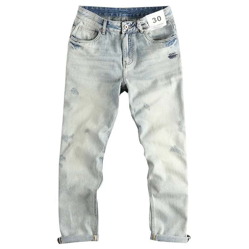 Heavy craft wash cat must do old jeans men spring loose straight leg American retro trend embroidered pants