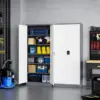 Yizosh Metal Garage Storage Tool Cabinet with Lock 71" Locking 2 Doors 5 Shelves Tall Steel Heavy Duty File Gray White 1