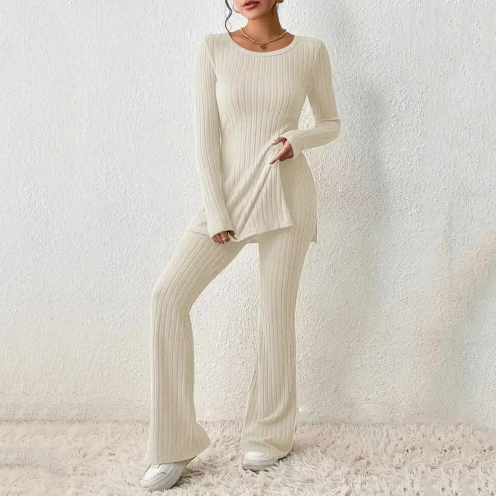 

Casual Two-piece Suit Women's Ribbed Knit Two-piece Suit Long Sleeve Top High Waist Flared Trousers Set for Fall Winter Fashion