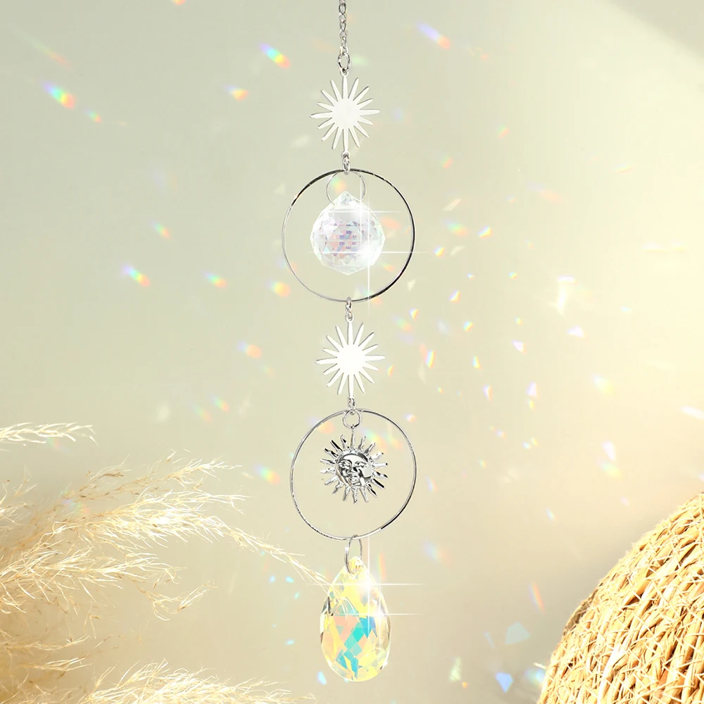 Description Picture 6 of itemSilver Suncatcher Crystal Moon Lotus Chakra Hanging Decoration Sun Catcher Rainbow Maker Stained Glass Garden Outdoor Decor Gift