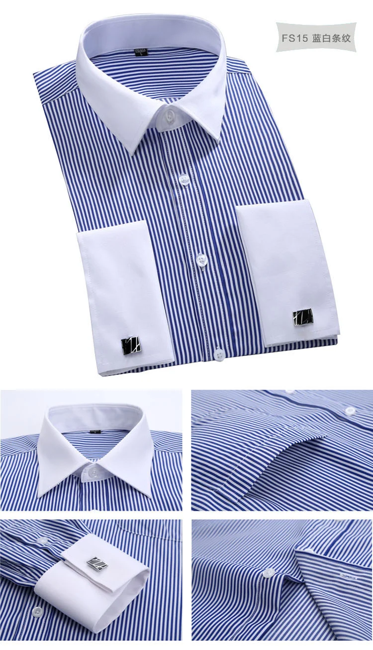 Description Picture 5 of itemMen's French Cuff Dress Shirt with Cufflinks New White Long Sleeve Casual Buttons Male Brand Tuxedo Shirts Regular Fit Clothes