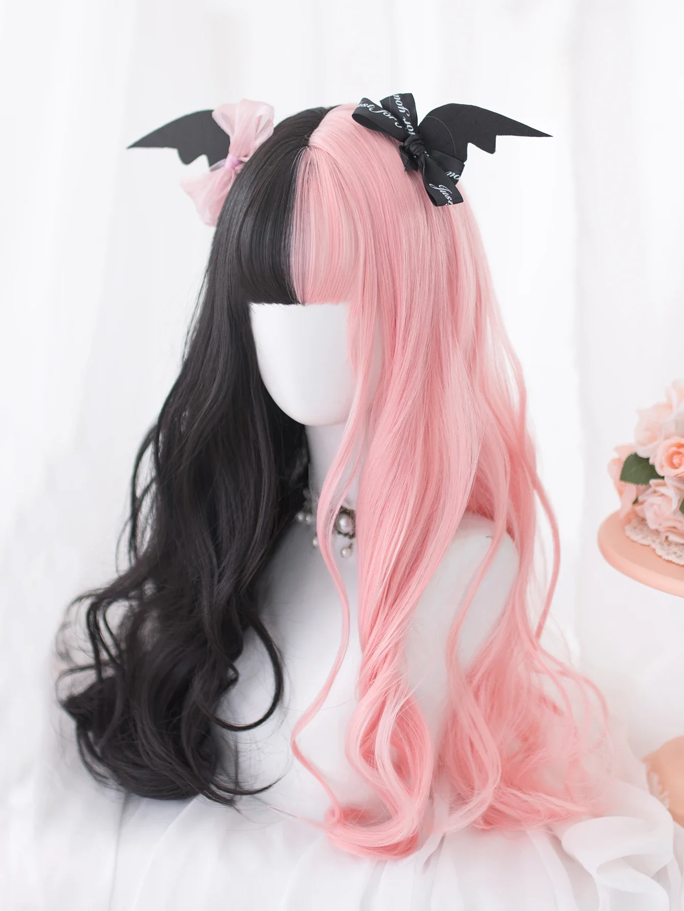 

26Inch Black And Pink Color Synthetic Wigs With Bang Long Natural Wavy Hair Wig For Women Daily Use Cosplay Party Heat Resistant