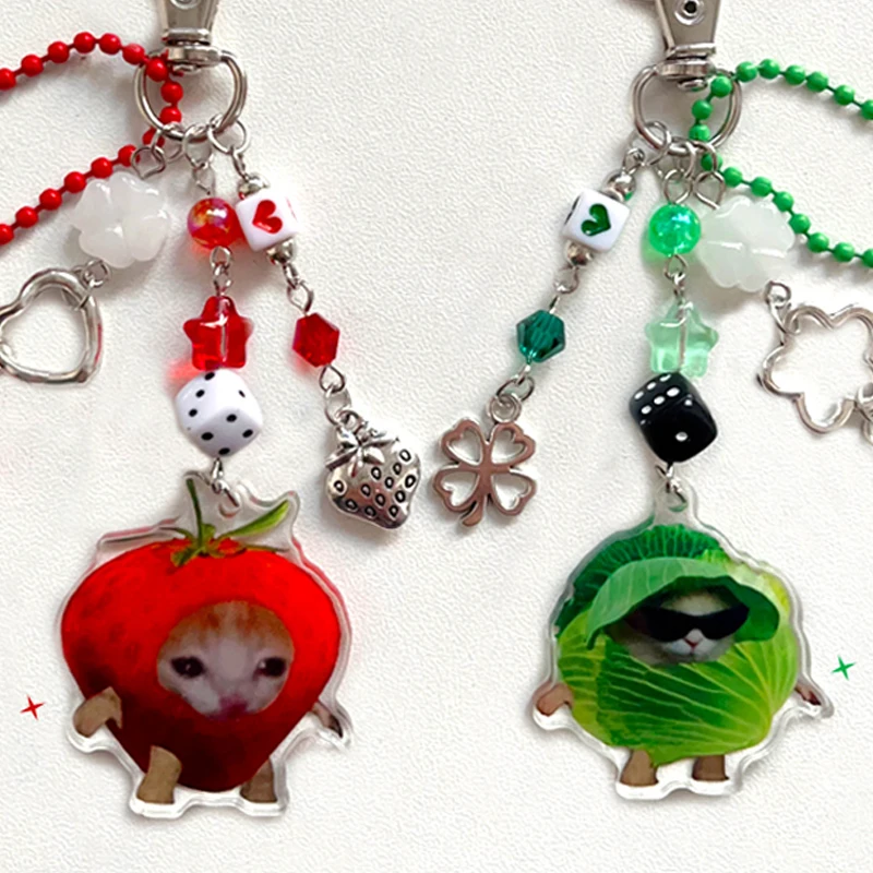 Cute Kawaii Strawberry and Cabbage Cat Keychain Charm