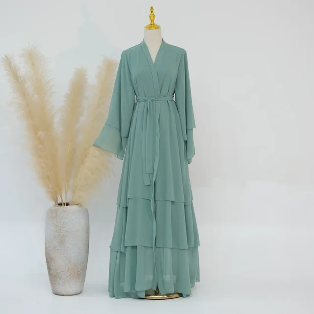 Mousseline de soie Abaya Kimono dubaï musulman Cardigan couches Abayas femmes Robe décontractée femme Islam vêtements avec ceinture Abaya tenues arabes