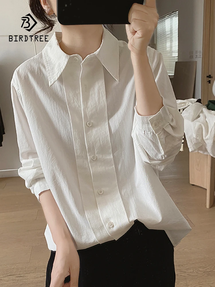 

New Autumn Cotton Solid Daily Shirt Women Lapel Collar Tops Girl Long Sleeve Loose Commuting Blouse Appear Thin Winter T3D350QC