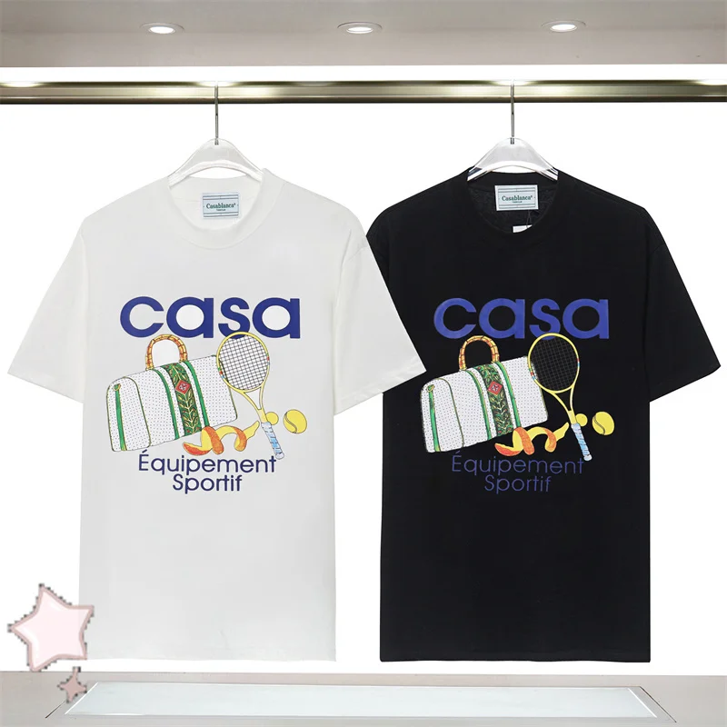 

Casablanca High Quality Tennis Handbag Printed Black T-shirts for Men CASA Letter Logo Versatile Couples Cotton Short Sleeves