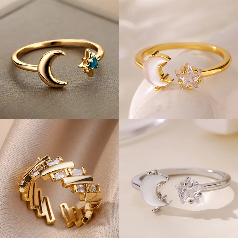 Zircon Moon Rings Stainless Steel Glowing Star Adjustable Finger Ring For Women