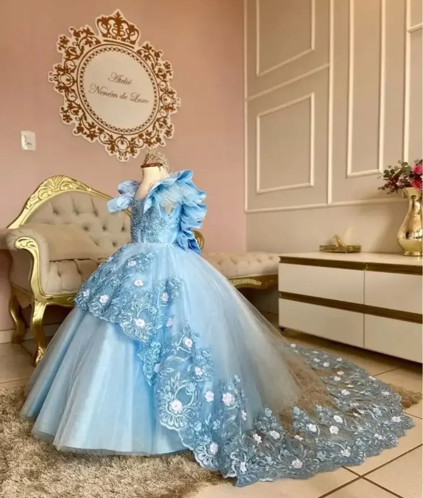 

OLOEY Blue Princess Girls Pageant Dresses Flowers Gilrs Gowns 3d Flowers Feathers Applique Lace Feathers Prom Gown Party Wedding