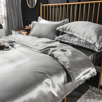 Set biancheria da letto in seta solida con lenzuolo Copripiumino Federa in raso Lenzuolo singolo per coppia King Queen Twin Size 1