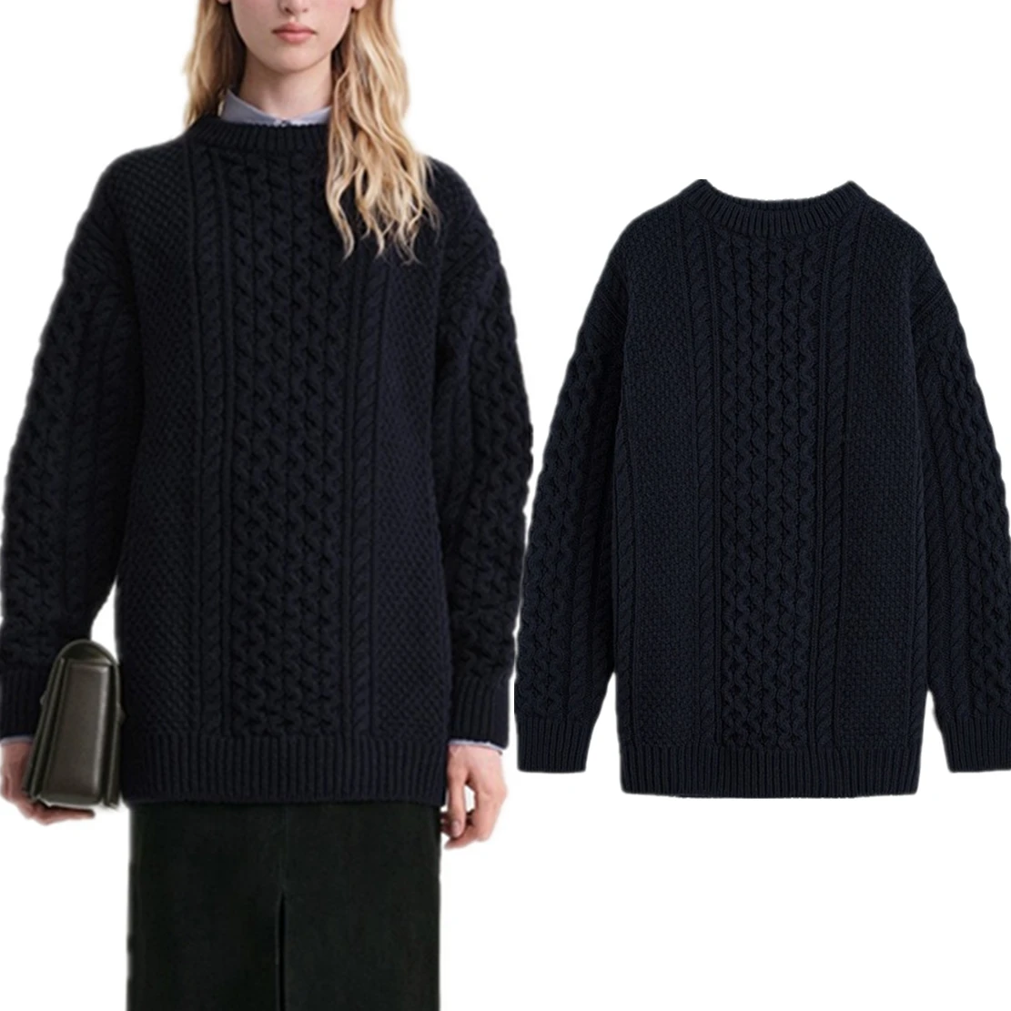 

Dave&Di Nordic Retro Minimalist Style Twisted Wool Sweater Women Winter New Loose Neck Long Round Sleeved Knitwear