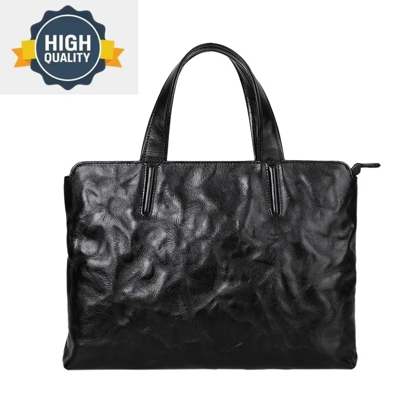 

Briefcase Men's 2023 Genuine Leather Retro Business Bag Male Pleated A4 Laptop Man Handbag Travel