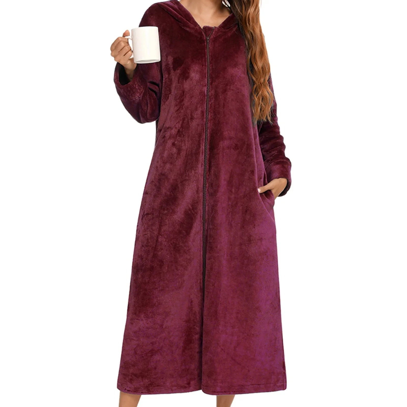 Women Sleepwear Sleepwear Pajamas Winter Long Fleece Bathrobes Women's Solid Color Zipper Bath Robe Dressing Gown Autumn Warm Hooded Home Wear