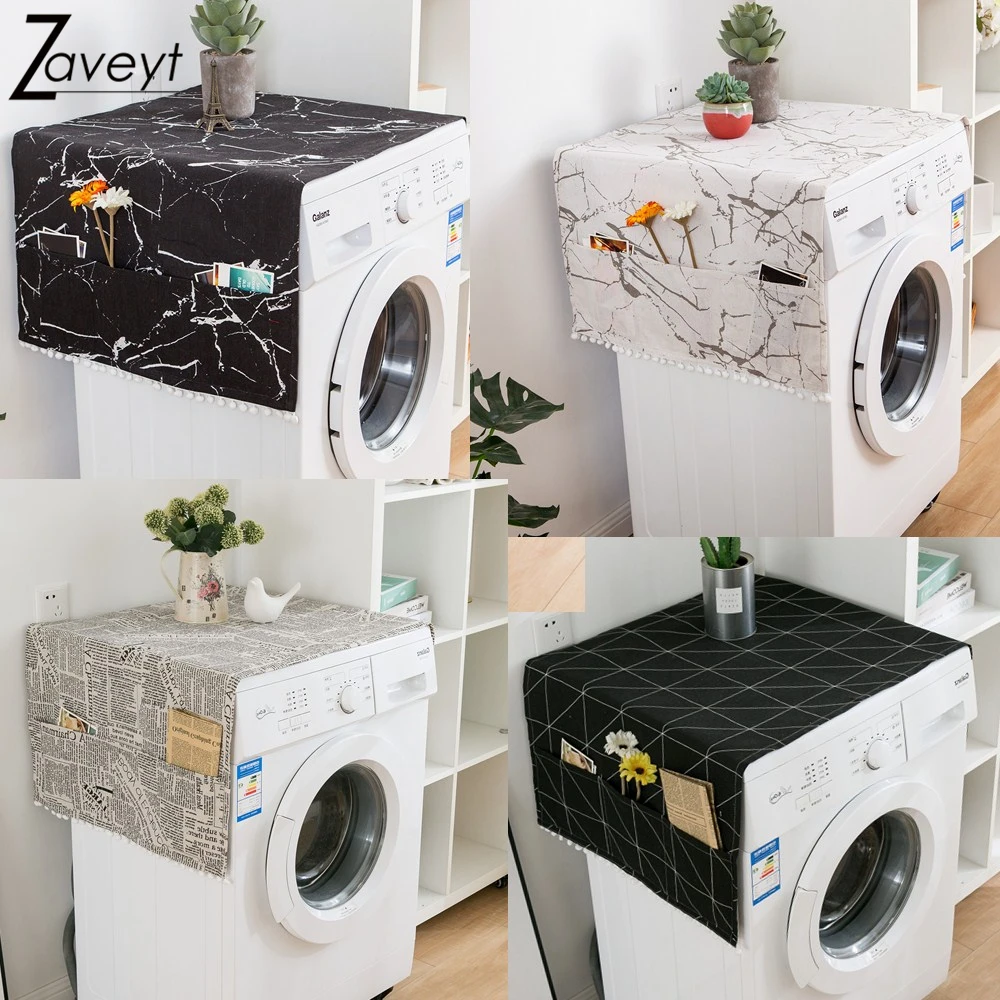 

Black Marple Pattern Dust Proof Cover For Washing Machine Linen Print Ball Tassel Pocket Refrigerator Microwave ovens Dust Cover