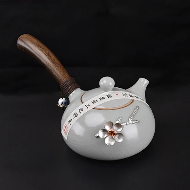 Ru Kiln Teapot Handheld Tea Infuser Pot with Wooden Side Handle, Tea Kettle, Ceramic Cups Tray, Household, Home, Office Access