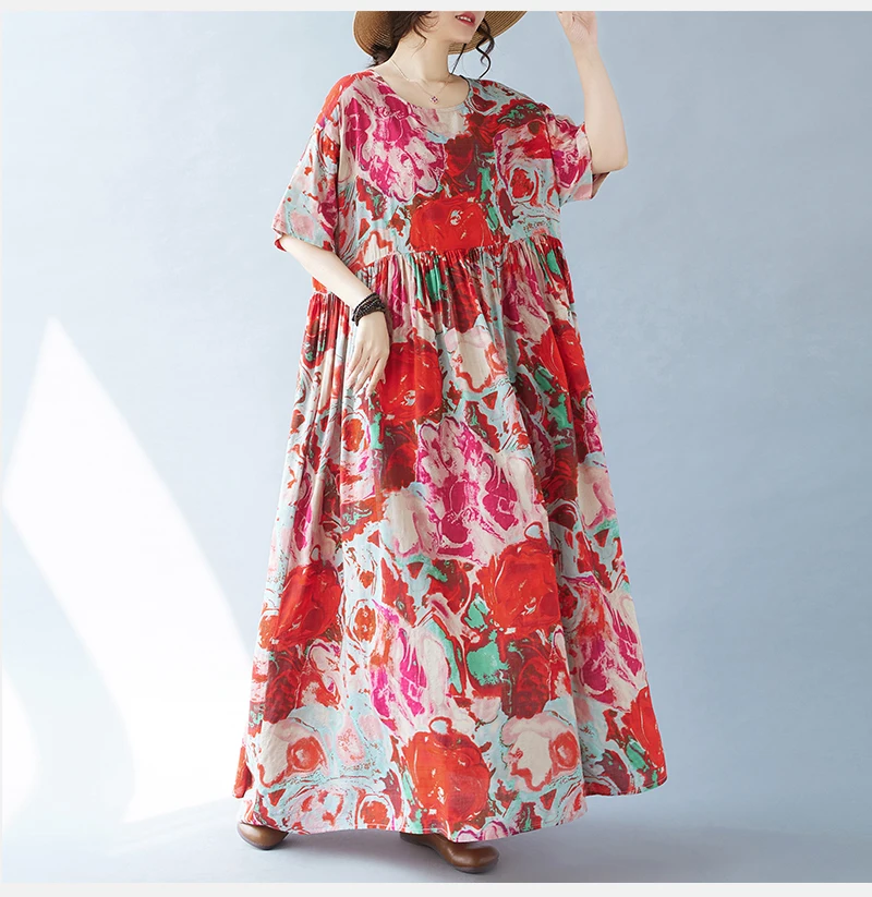 Vintage Boho Cotton Summer Dress - Casual Loose Print Holiday Dress for Women