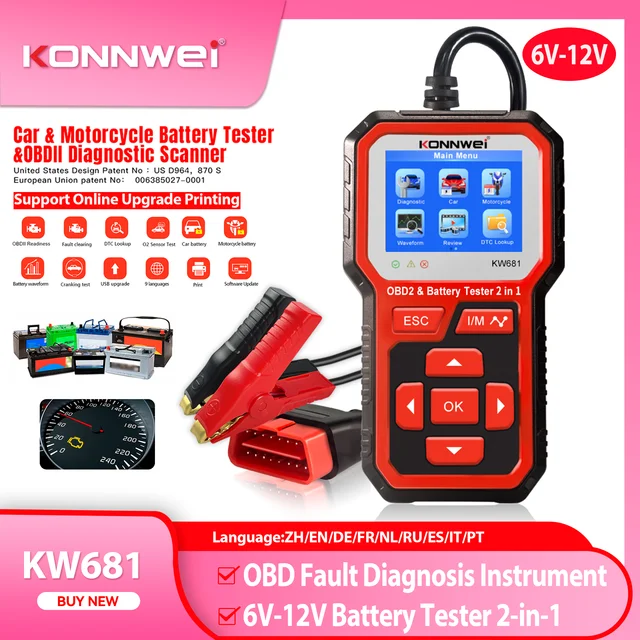 New 2025 KONNWEI KW681 Professional Car OBD2 Scanner Auto Diagnostic Tools 6V12V 2 in 1 Car Motorcycle OBD2 Battery Tester Tools