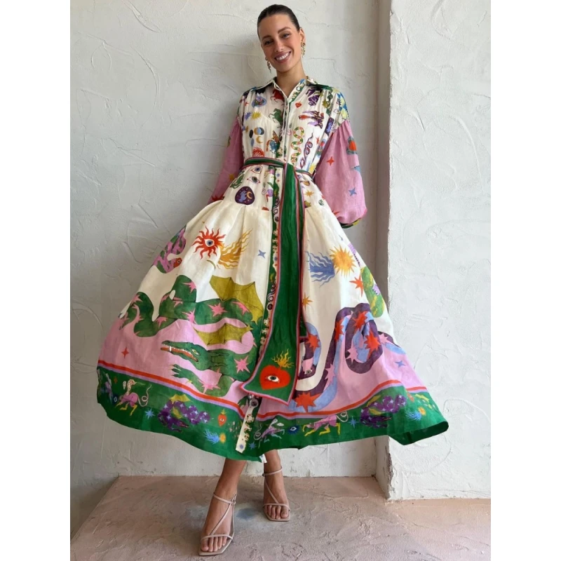 

Polo Neck Printed Dresses For Summer Autumn 2023 New Vintage French Court Style Pleated Long Sleeved Loose Fitting Dress Africa