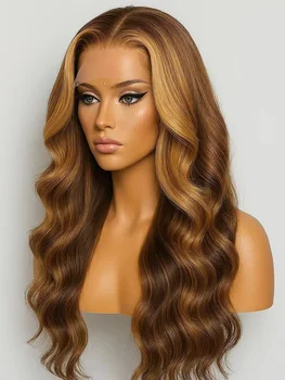 30 Inch Honey Blonde Ombre 13X4 HD Lace Front Wig Human Hair Highlight Body Wave Lace Frontal Wigs Pre Plucked 4/27 Colored 1