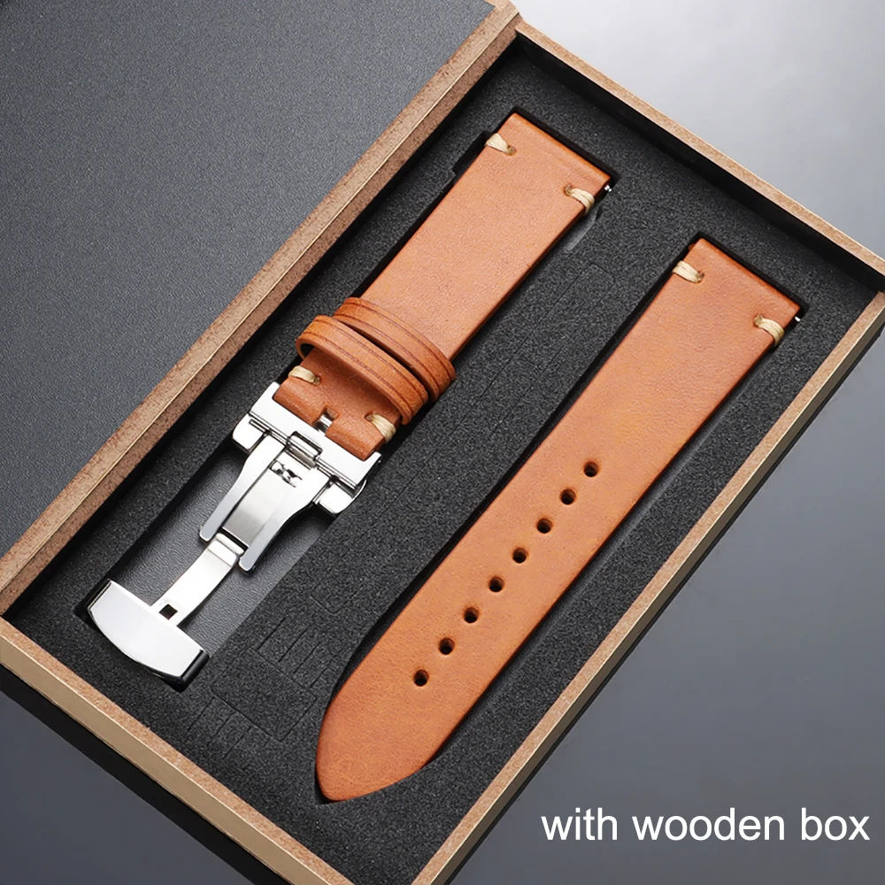 Elegant Top-Grain Leather Watch Band with Butterfly Buckle and Gift Box