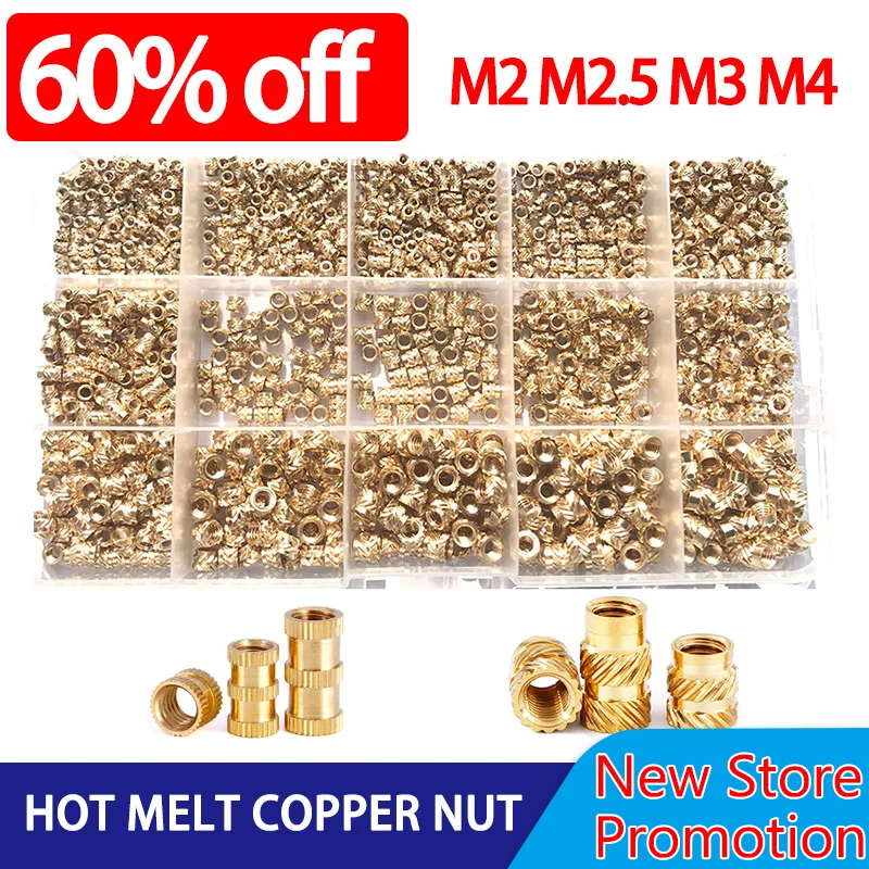 Hot Melt Knurled Embedment Assortment Kit Brass Nuts M2 M2.5 M3 M4 Heat