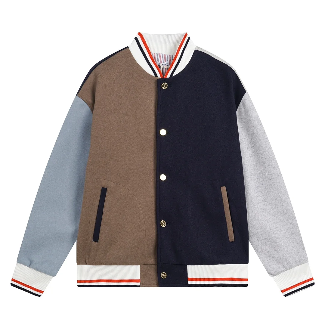 

TB THOM Men's Jacket 23FW New In Harajuku Streetwear Coat Mixed Color Neck RWB Stripes Varsity Jackets Casual Bomber Jackets