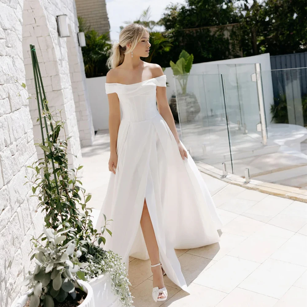 

Simple Strapless A-Line Wedding Dresses Front Split Sweep Bridal Growns Backless Satin Sleeveless Vestidos De Novia 2024