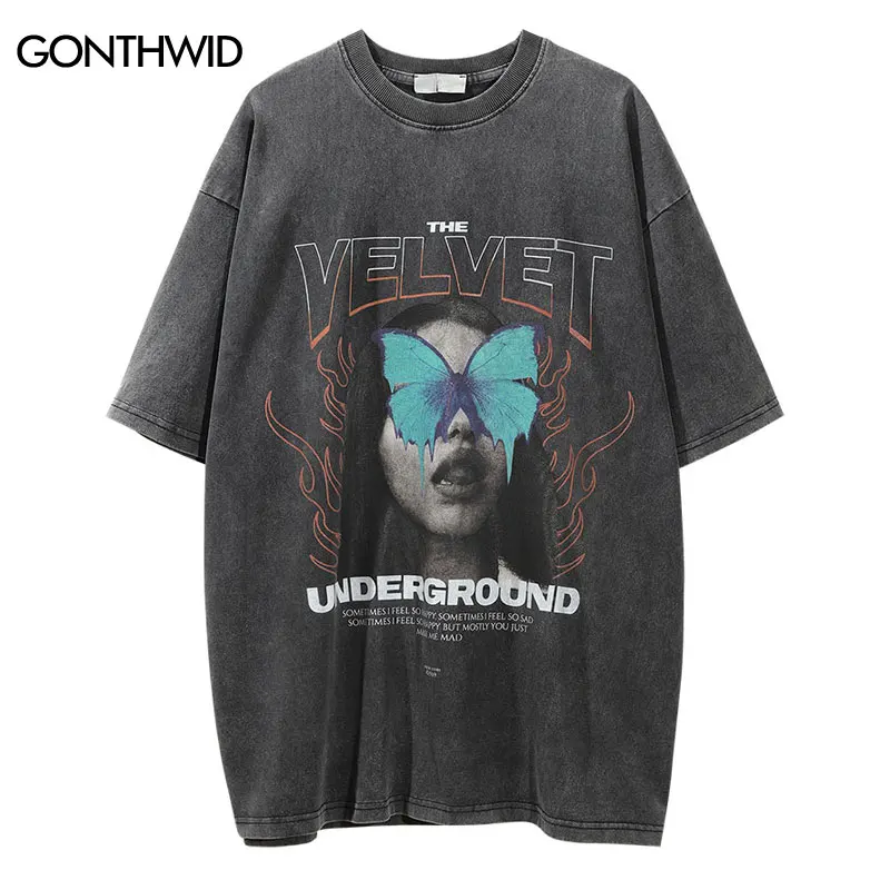 

Hip Hop Punk Tshirt Men Butterfly Girl Print Gothic Rock Distressed T Shirt Streetwear Harajuku Summer 2023 Casual Loose T-Shirt