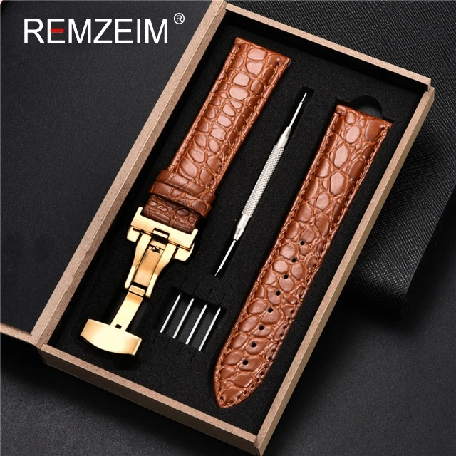 Luxury Embossed Leather Watch Strap with Butterfly Clasp