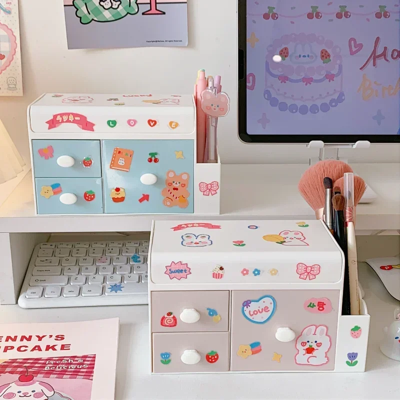 Cute Desktop Storage Box Plastic Drawer Pen Holder Student Cosmetic Storage Box Home Organizer Container