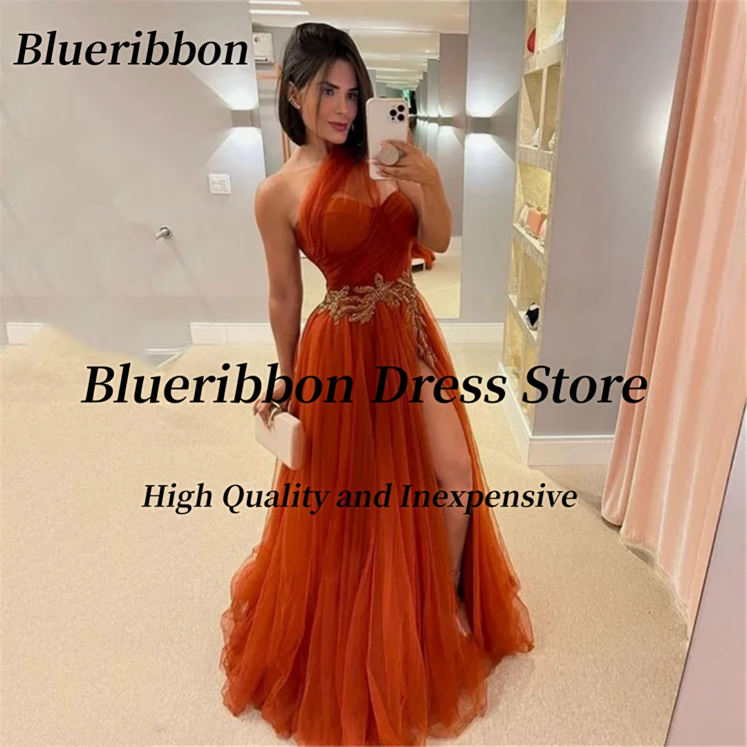 

Blueribbon Tulle Prom Dresses Beaded Sash One Shoulder Vestidos De Noches Side Slit A Line Wedding Party Formal Evening Gowns