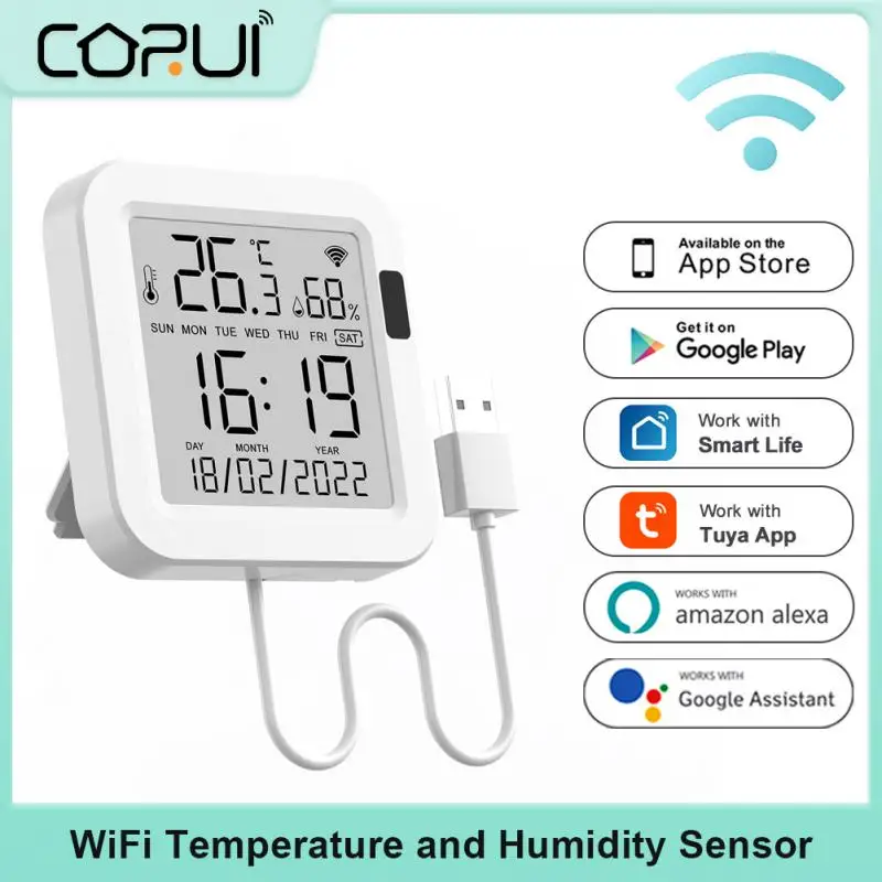 

CoRui WiFi Temperature and Humidity Sensor USB Power LCD Screen Display Infrared sensing Backlight work with Google Assistant