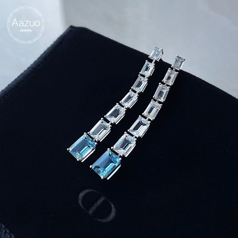 Aazuo Real 18K Pure White Gold Natural Blue&White Aquamarine Square Long Drop Earrings Gifted for Women Engagement Wedding Party rugged square grid texture soft tpu anti shock casing for samsung galaxy s8 sm g950 blue