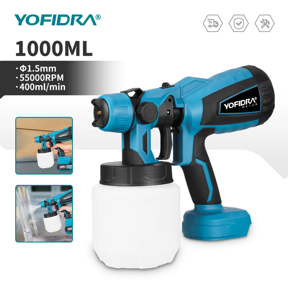 YOFIDRA Electric Spray Gun 1000ML, easy control spray painter tool with adjustable flow for car repair compatible with Makita 18V battery pin