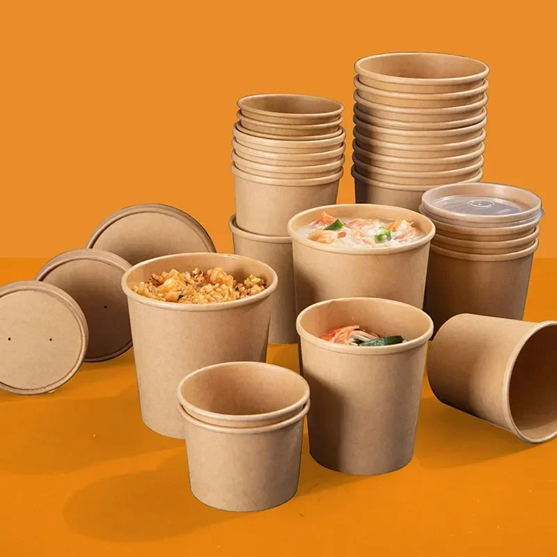 

Paper Containers Quality Prep Meal Disposable Tea Dessert Cup High 50pcs/set Kraft With Salad Supplies Lid Coffee s Party