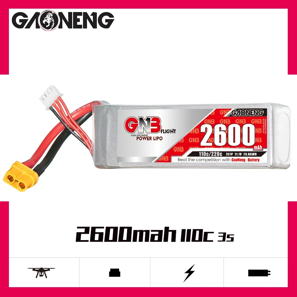 

Аккумулятор Gaoneng GNB 2600 мАч 3S1P 11,1 В 110C/220C Lipo с разъемом XT60 для вертолета квадрокоптера RC FPV гоночного дрона запчасти