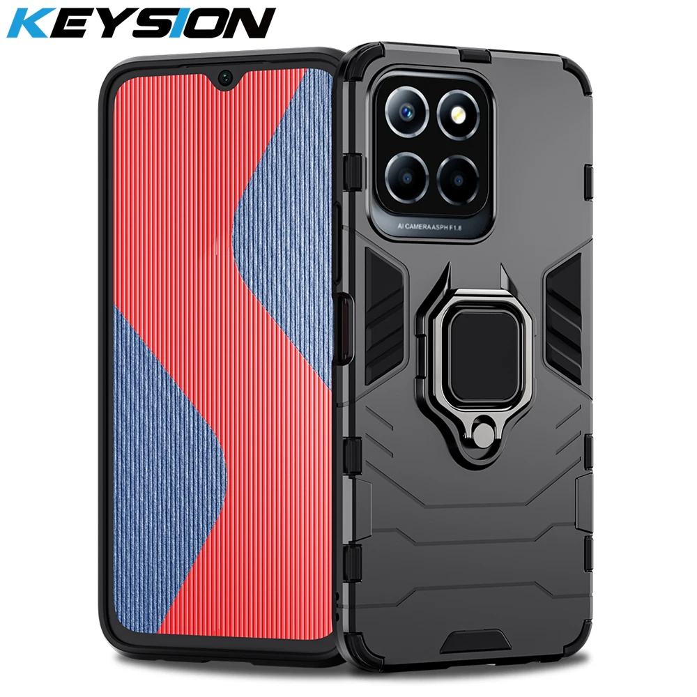

KEYSION Shockproof Armor Case for HONOR X8 5G X6 4G Silicone+PC Metal Ring Stand Phone Back Cover for Huawei Honor X6 X8 5G