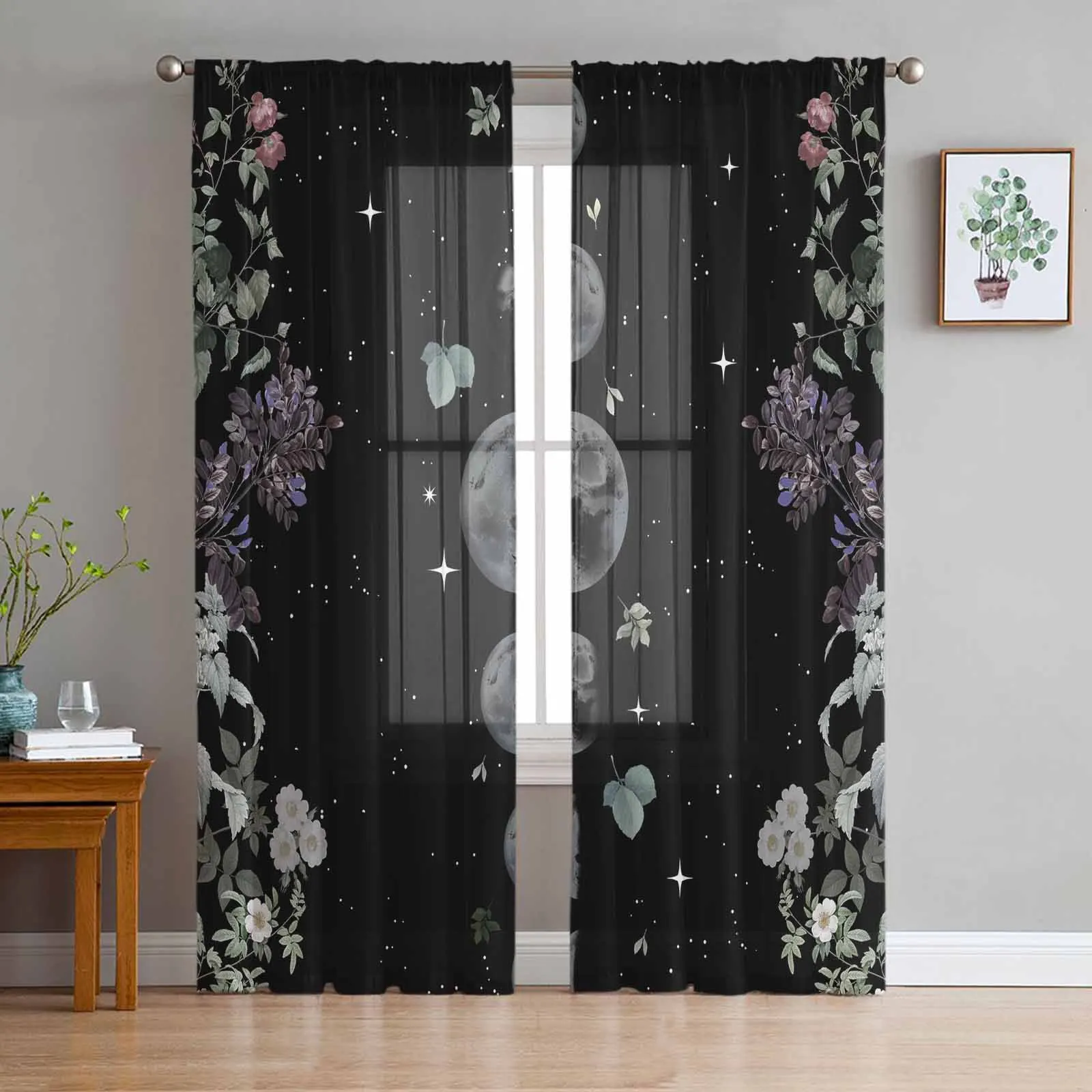 thumbnail image 1 of Cortinas transparentes con diseño de cielo nocturno, estrellas y luna, para sala de estar, ventanas, dormitorio, cocina, decoración del hogar, cortinas de gasa, 1 of 5