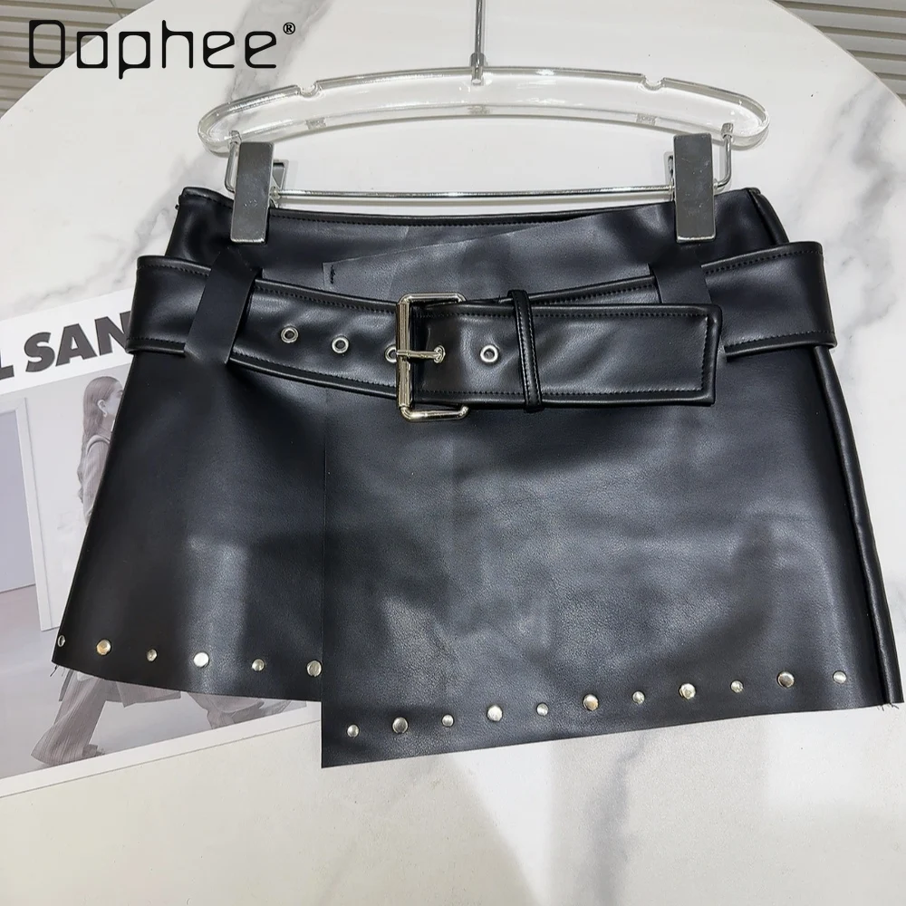 

Sexy Pu Leather Short Hip Skirt Women Spring New Hot Girl Metal Rivet Irregular High Waisted Mini Black Leather Skirt with Belt